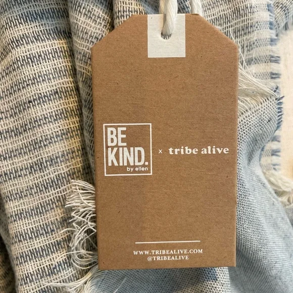 BE KIND x TRIBE ALIVE Handmade Woven Cotton Striped Fringe Scarf Up-Cycled NWT